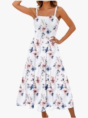 Floral Smocked Spaghetti Strap Sundress - White with Pink & Blue Flowers